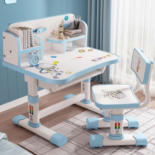 Somerway Kinder-Schreibtisch und Stuhl-Set, Kinderschreibtische mit Buch- & Schreibwarenaufbewahrung und großer Schreibtafel, höhenverstellbarer Kinderschreibtisch und Stuhl mit Schublade (Blau) von Somerway