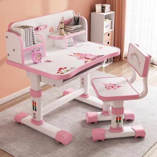 Somerway Kinder-Schreibtisch und Stuhl-Set, Kinderschreibtische mit Buch- & Schreibwarenaufbewahrung und großer Schreibtafel, höhenverstellbarer Kinderschreibtisch und Stuhl mit Schublade (Rosa) von Somerway