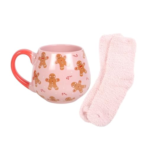 Something Different Lebkuchenmann-Tasse und Socken-Set, Rosa/Braun/Rot, Einheitsgröße von something different