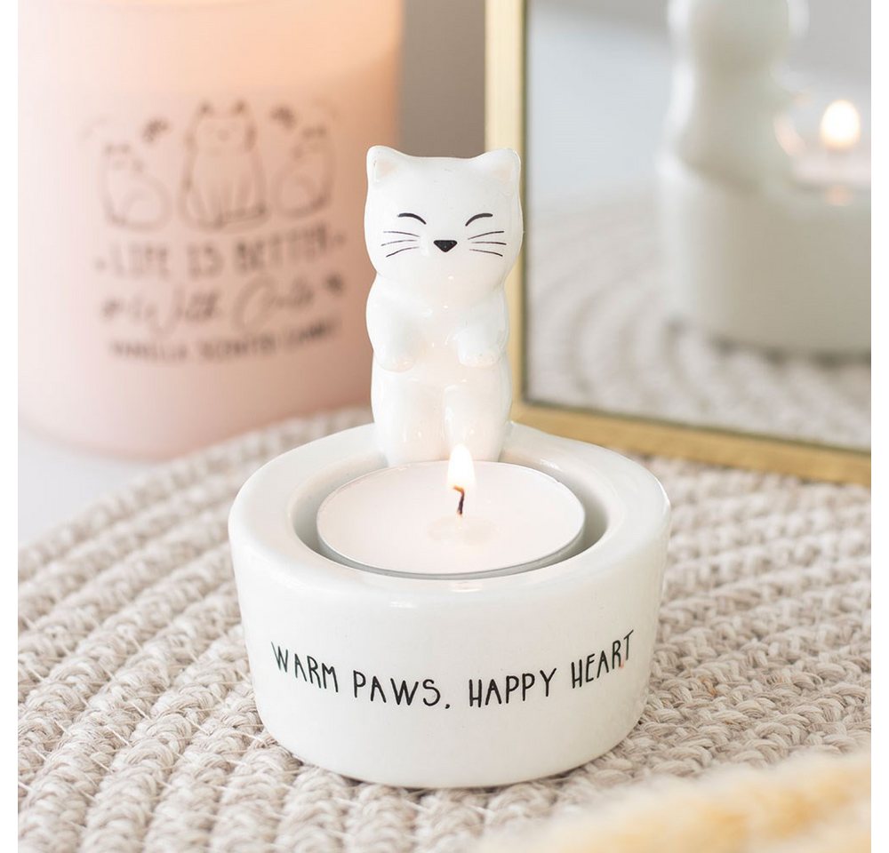 Something Different Teelichthalter Süßer Teelichthalter weiße Katze "Warm Paws Happy Heart", Süßer Teelichthalter weiße Katze "Warm Paws Happy Heart" von Something Different