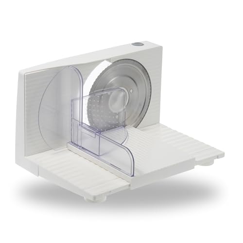 Sommertal Allesschneider AS170 150W Edelstahlmesser mit Wellenschliff, platzsparend klappbar, elektrische Schneidemaschine Brotschneidemaschine, Profi Aufschnittmaschine weiß 0-15mm von Sommertal
