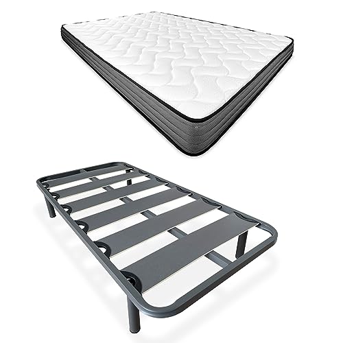 Somnia Descanso Komplettes Bett mit viskoelastischer Hawaii-Matratze, wendbar, mit verstärktem Lattenrost, 40 x 30 mm, mit 4 Metallbeinen, mit Gewinde, Legierter Stahl, grau, 90 x 190 von Somnia Descanso