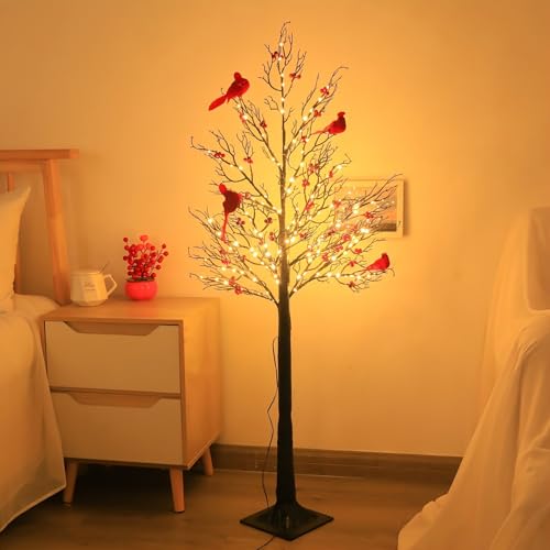 Leuchtender Vintage-Baum mit Kardinälen, mehrjährige LED-beleuchtete Kardinalbäume, Twinkle Trees-Lampe für Halloween, Weihnachten, Neujahr(1.2m/47in) von Somsiwey