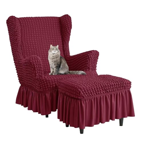 Seersucker-Sesselbezug, universeller Sesselbezug mit Rock, Sesselbezug-Set mit hoher Rückenlehne und Ottoman-Bezug für das Wohnzimmer(Wine Red) von Somsiwey