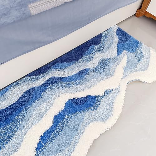 Somsiwey Blauer Wellenteppich, 3D-Ozeanwellen-Teppich mit Rutschfester Rückseite, Badezimmerteppiche, waschbare Wellen-Badematten, Rutschfester weicher Plüsch-Shaggy(61x32in) von Somsiwey