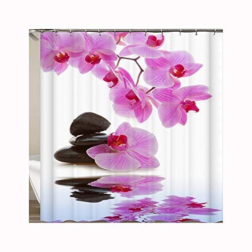 SonMo Duschvorhang Polyester Anti-Bakteriell Wasserdicht Badezimmer Polyester Vorhänge Duschvorhangringen Orchidee mit Steinen Weiß 150X180CM von SonMo