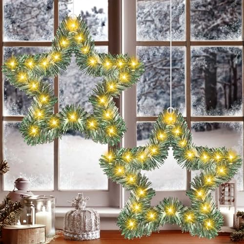 2 Stück 40LED Weihnachtsdeko Fenster Beleuchtet, Weihnachtsstern Batterie mit Timer Zedernblatt, IP65 Wasserdicht Leuchtstern Weihnachten, Weihnachtsbeleuchtung Fenster Innen für Balkon, Außen, Party von SonPen