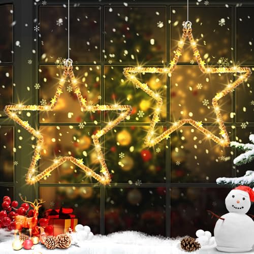 2 Stück Weihnachtsbeleuchtung Fenster, 30 LED Fensterbeleuchtung Weihnachten Batteriebetrieben mit Timer Schnur Umwickelt Leuchtsrentier Weihnachten, Sterne Deko für Innen Außen Party Hochzeit von SonPen