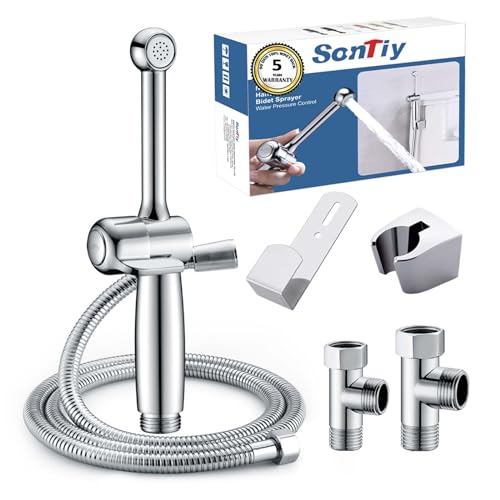 Bidet Handbrause mit Schlauch, SonTiy Messing WC handbrause bidet mit Einstellbarem Druck G1/2" & G3/8" Umschaltventil für WC Dusche, Persönliche Hygiene Windel Dusche Tierbad, Chrom von SonTiy