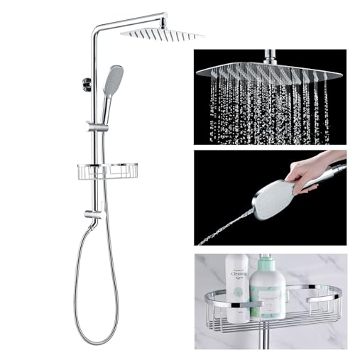 Regenduschsystem mit Ablage, 30.5 cm Regenduschkopf Set mit Handbrause SonTiy Dual Shower Combo mit höhenverstellbarer Halterung, Messingventil, Chrom Regenduschsystem mit Ablage, 30.5 cm Regenduschkopf Set mit Handbrause SonTiy Dual Shower Combo mit höhenverstellbarer Halterung, Messingventil, Chrom von SonTiy