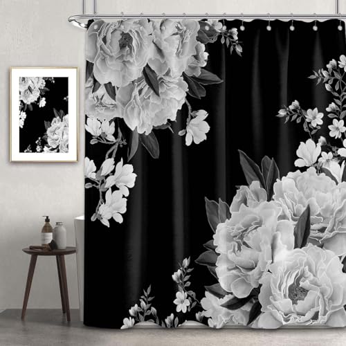 Sonbraux Schwarz und Weiß Duschvorhänge für Badezimmer Floral Grau Blume Dunkel Feuchtraum Duschvorhang Waschbar Wasserdicht Stoffstoff 180x240cm von Sonbraux