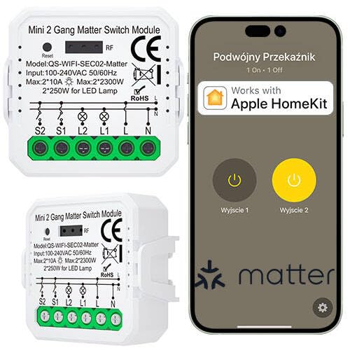 Sone Smart One Matter Relais Schalter – WLAN Lichtschalter Unterputz 2x2300W – HomeKit Switch Kompatibel – Smart Home Relais 230V für LED – Timer, Szenen, Tuya, HomePod von Sone Smart One