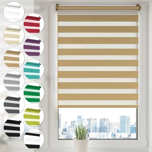 Doppelrollo Klemmfix ohne Bohren 100cm x 150cm Beige Duo Rollo Klemmrollo Sonnenschutzrollo Fensterrollo für Fenster & Türen Zebrarollo Seitenzugrollo von Sonello