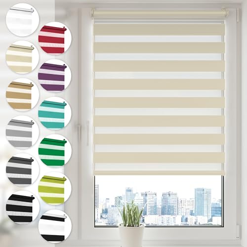 Doppelrollo Klemmfix ohne Bohren 100cm x 210cm Creme Duo Rollo Klemmrollo Sonnenschutzrollo Fensterrollo für Fenster & Türen Zebrarollo Seitenzugrollo von Sonello