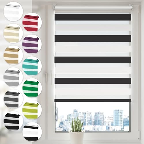 Doppelrollo Klemmfix ohne Bohren 110cm x 150cm Schwarz/Weiß Duo Rollo Klemmrollo Sonnenschutzrollo Fensterrollo für Fenster & Türen Zebrarollo Seitenzugrollo von Sonello