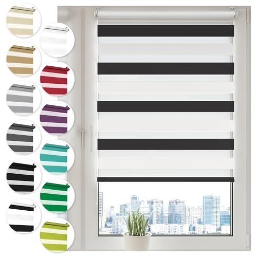 Doppelrollo Klemmfix ohne Bohren 40cm x 210cm Schwarz/Weiß Duo Rollo Klemmrollo Sonnenschutzrollo Fensterrollo für Fenster & Türen Zebrarollo Seitenzugrollo von Sonello