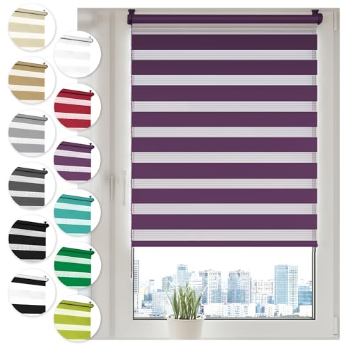 Doppelrollo Klemmfix ohne Bohren 75cm x 210cm Lila Duo Rollo Klemmrollo Sonnenschutzrollo Fensterrollo für Fenster & Türen Zebrarollo Seitenzugrollo von Sonello
