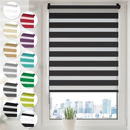 Doppelrollo Klemmfix ohne Bohren 75cm x 210cm Schwarz Duo Rollo Klemmrollo Sonnenschutzrollo Fensterrollo für Fenster & Türen Zebrarollo Seitenzugrollo von Sonello