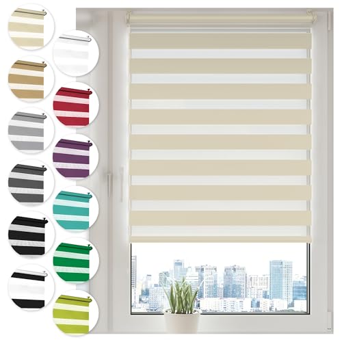 Doppelrollo Klemmfix ohne Bohren 90cm x 210cm Creme Duo Rollo Klemmrollo Sonnenschutzrollo Fensterrollo für Fenster & Türen Zebrarollo Seitenzugrollo von Sonello
