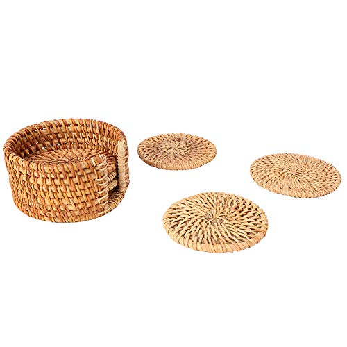Sonew Vintage Rattan Isolierte Tassenmatten Set - 6pcs Runde Tee- und Kaffee Untersetzerdekoration Zum Tischschutz von Sonew