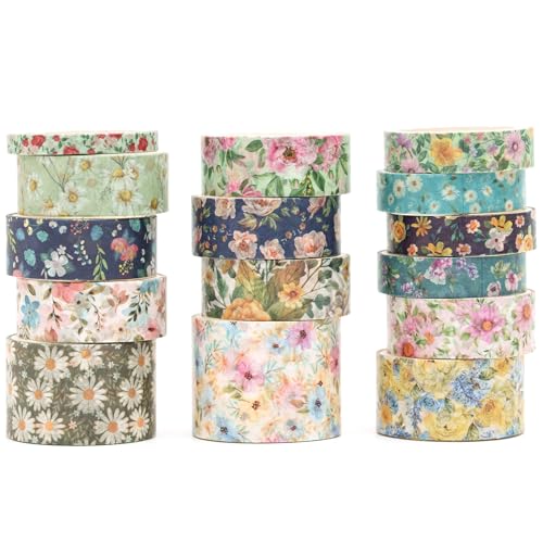 Songdao 15 Rollen Blume Washi Tape Set, Masking Tape Blüht Dekoratives Klebeband Bunt für DIY Handwerk Bullet Journals Planer Scrapbooking Verpackung (Stil 1) von Songdao