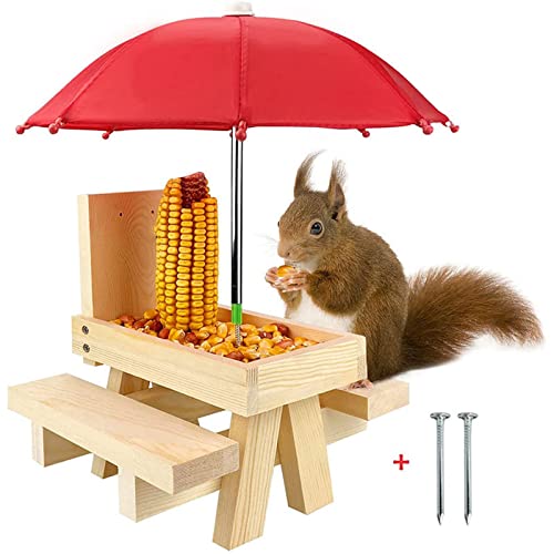 Eichhörnchen-Futterstation aus Holz für draußen Eichhörnchen Tisch Streifenhörnchen für Bank-Futterspender Haus Maishalter Garten Futtertisch von Songelt
