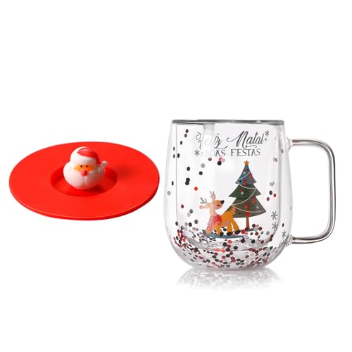 Songelt Doppelschichtige Weihnachts-Glastasse, stabile doppellagige Kaffeetassen, Glasbecher für heiße und kalte Getränke von Songelt