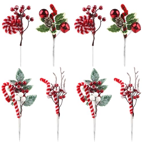 8 Stück Künstliche Weihnachtszweige zur Dekoration, Rote Beere Weihnachtszweige Pin Kiefernzweige Dekoration mit Tannenzapfen Kiefernnadel für Weihnachtskränze Home Vase Dekor (rot grün weiß) von Songjum