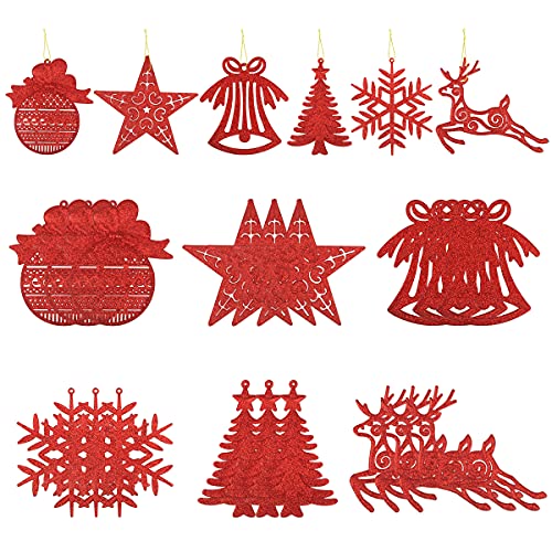 Songjum 24 Stück rot Christbaumschmuck, Weihnachtsschmuck Glitzer Schneeflocke Rentier Ornamente Baumschmuck für Winter Wonderland Weihnachtsbaum (Rot) von Songjum