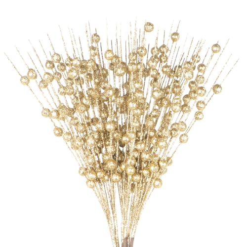 Songjum 6 Stück Glitzernde Zweige Weihnachten Glitter Berry Stem Ornamente Künstliche Glitter Berry Stem Ornamente für Weihnachtsbaum Kranz Basteln Urlaub Heimdekoration （Golden） von Songjum