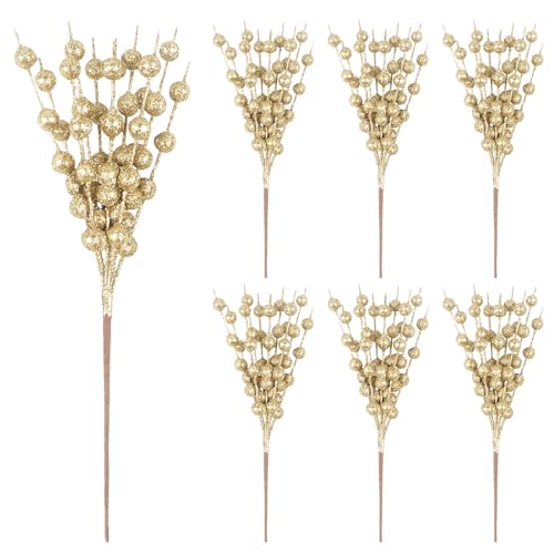 Songjum 6 Stück Glitzernde Zweige Weihnachten Glitter Berry Stem Ornamente Künstliche Glitter Berry Stem Ornamente für Weihnachtsbaum Kranz Basteln Urlaub Heimdekoration （Golden） von Songjum