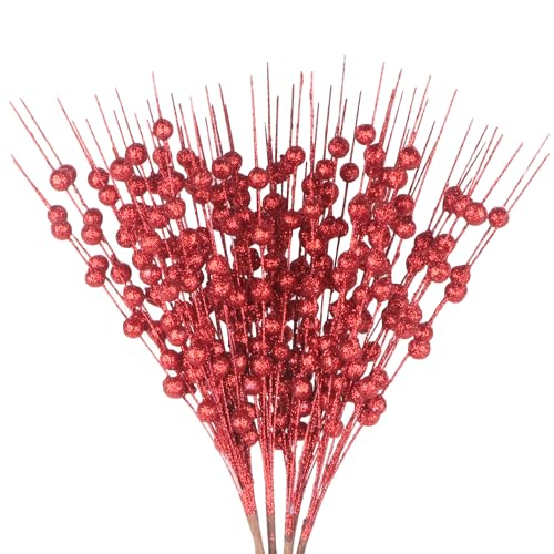 Songjum 6 Stück Glitzernde Zweige Weihnachten Glitter Berry Stem Ornamente Künstliche Glitter Berry Stem Ornamente für Weihnachtsbaum Kranz Basteln Urlaub Heimdekoration （Rot） von Songjum