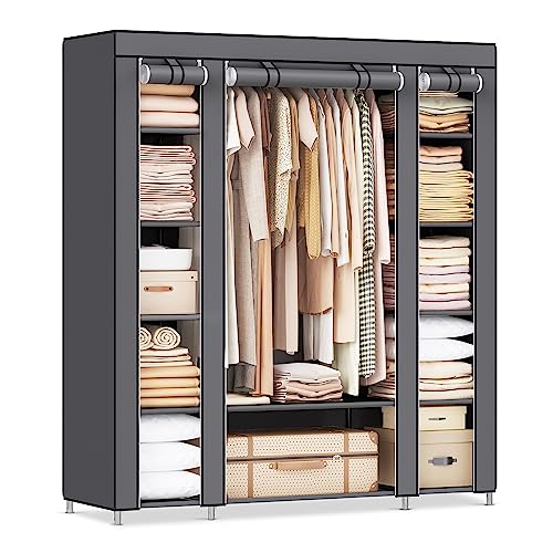 SONGMICS Kleiderschrank, Stoffschrank, 12 mit Kleiderstange und Ablagen, Stabiler Schrank, für Schlafzimmer, Ankleidezimmer, 150 x 45 x 175 cm, grau LSF03G von SONGMICS