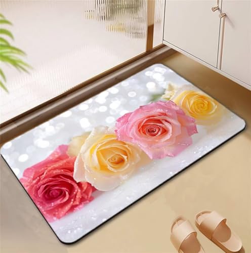 Badezimmerteppich Rose Badematte Rutschfester 60x100cm, Super Absorbierender Badteppich rutschfest Waschbar Duschvorleger Schnelltrocknend Badvorleger Badematte Dünne Stone Bath Mat Mats D4-665 von Songtt