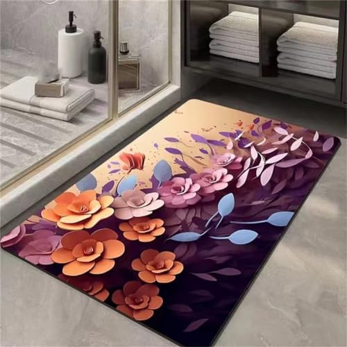 Blumen Badezimmerteppich Badematte rutschfest, Bathroom Mat Mats, Diatomite Stone Bath Mat, Badezimmer Teppiche, Duschvorleger Schnelltrocknend, FußMatte Badezimmer Duschmatte Stein 90x150cm von Songtt