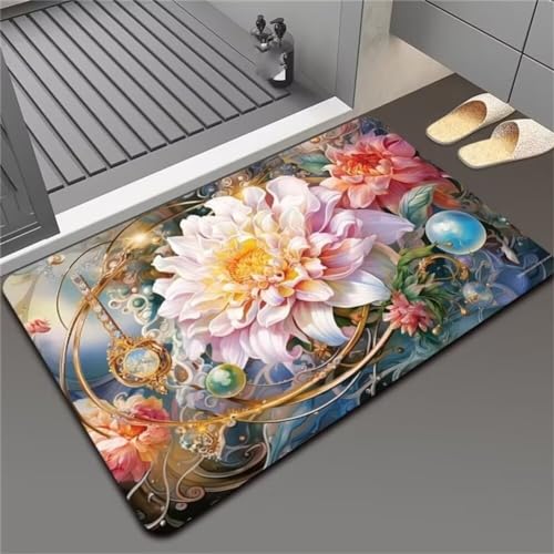 Blumen Badezimmerteppich Badematte rutschfest, Bathroom Mat Mats, Diatomite Stone Bath Mat, Badezimmer Teppiche, Duschvorleger Schnelltrocknend, FußMatte Badezimmer Duschmatte Stein 90x150cm von Songtt