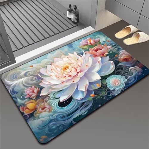 Blumen Badezimmerteppich Badematte rutschfest, Bathroom Mat Mats, Diatomite Stone Bath Mat, Badezimmer Teppiche, Duschvorleger Schnelltrocknend, FußMatte Badezimmer Duschmatte Stein 90x150cm von Songtt