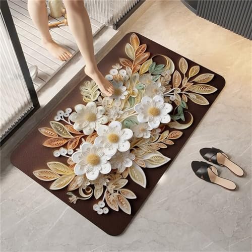 Blumen Badezimmerteppich Badematte rutschfest, Bathroom Mat Mats, Diatomite Stone Bath Mat, Badezimmer Teppiche, Duschvorleger Schnelltrocknend, FußMatte Badezimmer Duschmatte Stein 90x150cm von Songtt