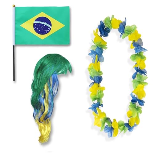Sonia Originelli Fanset Fanartikel Fahne Perücke Blumenkette Hawaiikette WM EM Farbe: Brasilien LH Lock von Sonia Originelli