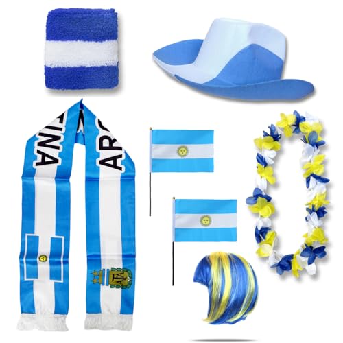 Sonia Originelli Fanset Fanartikel Fanhut Blumenkette Fanschal Schweißband Fähnchen Perücke WM EM Farbe: Argentinien Irokese von Sonia Originelli