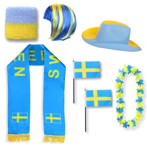 Sonia Originelli Fanset Fanartikel Fanhut Blumenkette Fanschal Schweißband Fähnchen Perücke WM EM Farbe: Schweden Bob von Sonia Originelli
