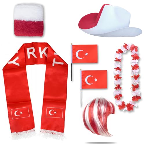 Sonia Originelli Fanset Fanartikel Fanhut Blumenkette Fanschal Schweißband Fähnchen Perücke WM EM Farbe: Türkei Bob von Sonia Originelli