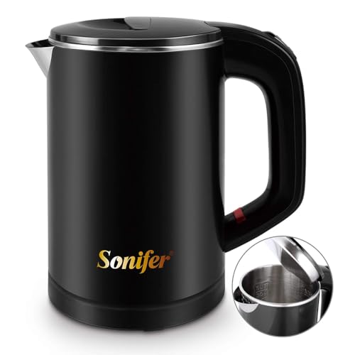 0,6l Edelstahl Camping Reisewasserkocher Kabellos Wasserkocher Kunststoffschale Doppelwand-Design 800W Teekessel Teekocher Verbrennungen vermeiden Leise Heizung | Energiesparend von Sonifer