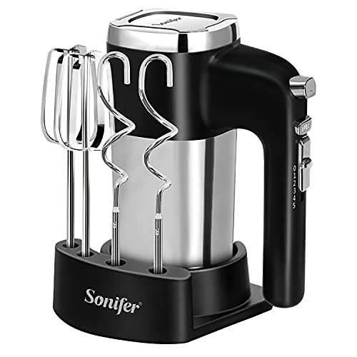 Sonifer Handmixer Edelstahl 500W Elektrischer Mixer Handrührer, 5 Stufen plus Turbostufe, Auswurftastendesign, spülmaschinengeeignet, 2 Knethaken, 2 Schneebesen, 1 Sockel von Sonifer