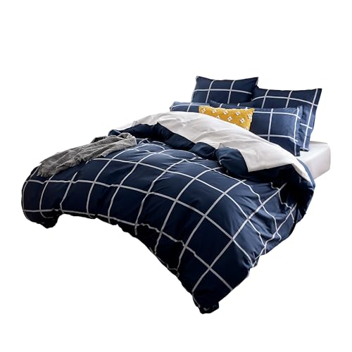 Sonive Bettwäsche 135x200,Mikrofaser Bettbezug-Set – Bettbezügen 135 x 200 & Kissenbezügen 50x80cmx1, Marineblau Einfaches Karo von Sonive