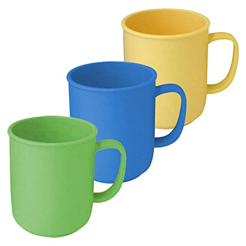 3 Tassen mit Henkel à 300 ml wiederverwendbar aus Kunststoff in den Farben Gelb, Blau und Grün, Kaffeetasse Teetasse Becher Henkelbecher Henkeltasse von Sonja-Plastic