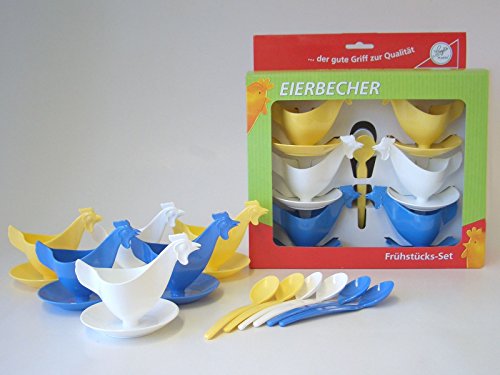 Frühstücks-Set "Eierbecher Huhn" 6 Eierbecher und 6 Eierlöffel je 2 x blau, 2 x weiß, 2 x gelb im Geschenk-Set DDR Eierbecher von Ostprodukte