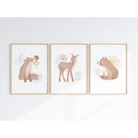 3Er Set Poster | Kinderzimmerdeko Waldtiere A4 Bär Reh Fuchs Boho Geschenk Baby Wandbild Kinderzimmer Tiere von SonjaSchweigerArt