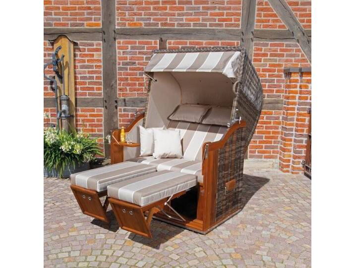 Sonnenpartner Classic Teak Strandkorb 2-Sitzer, Rundgeflecht Cappuccinooptik, Dessin 58 von SonnenPartner