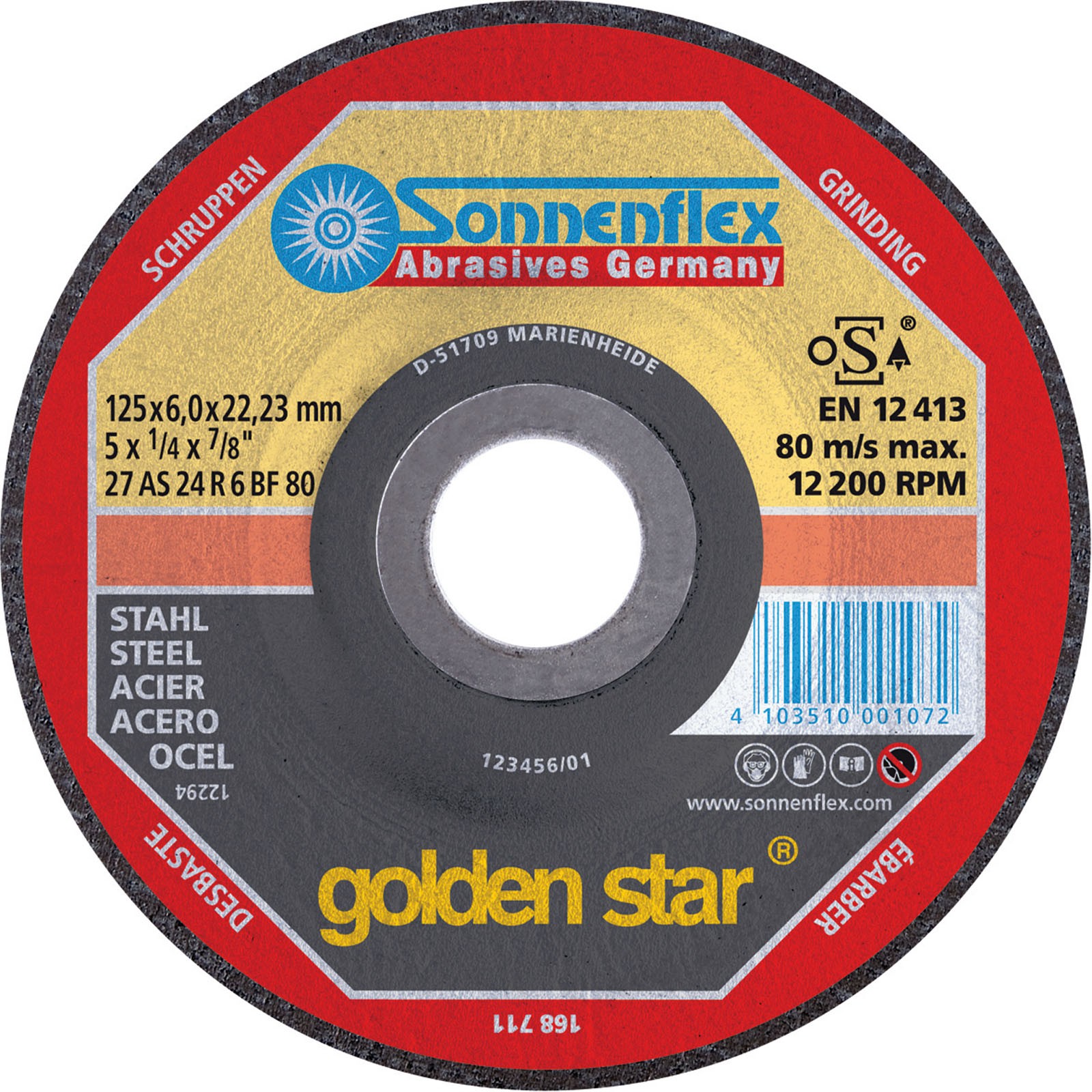 SONNENFLEX golden star - Stahl Schruppscheibe, Schleifscheibe - VPE 10 Stück Größe:Ø 115 x 6.0 x 22.23 mm von Sonnenflex